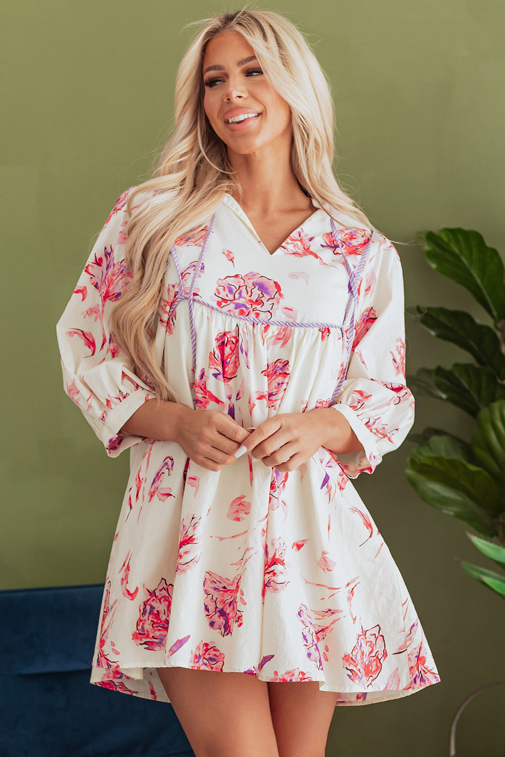 Floral Print Balloon Sleeve V Neck Babydoll Mini Dress