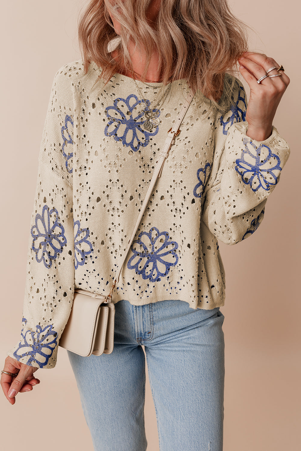 Contrast Flower Print Eyelet Drop Shoulder Sweater