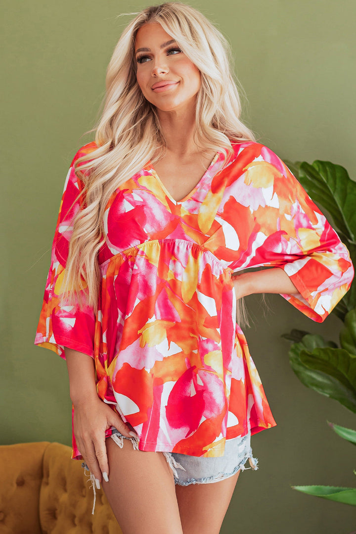 Abstract Print 3/4 Sleeve V Neck Ruffled Babydoll Blouse