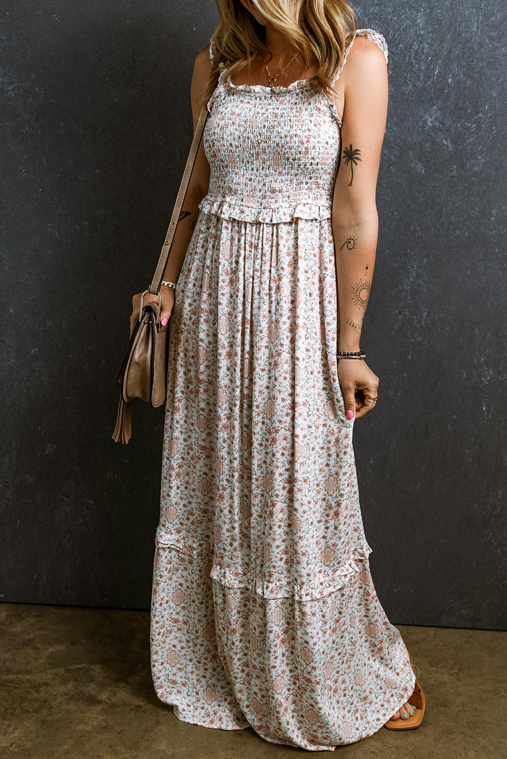 Lace Frilly Straps Shirred Floral Maxi Dress