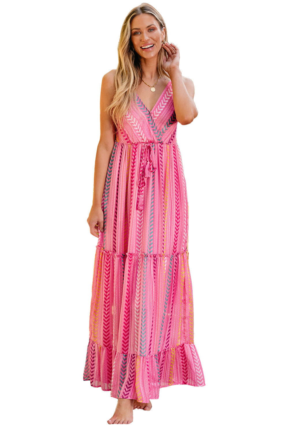 Western Printed Tassel Tie V Neck Wrap Maxi Dress