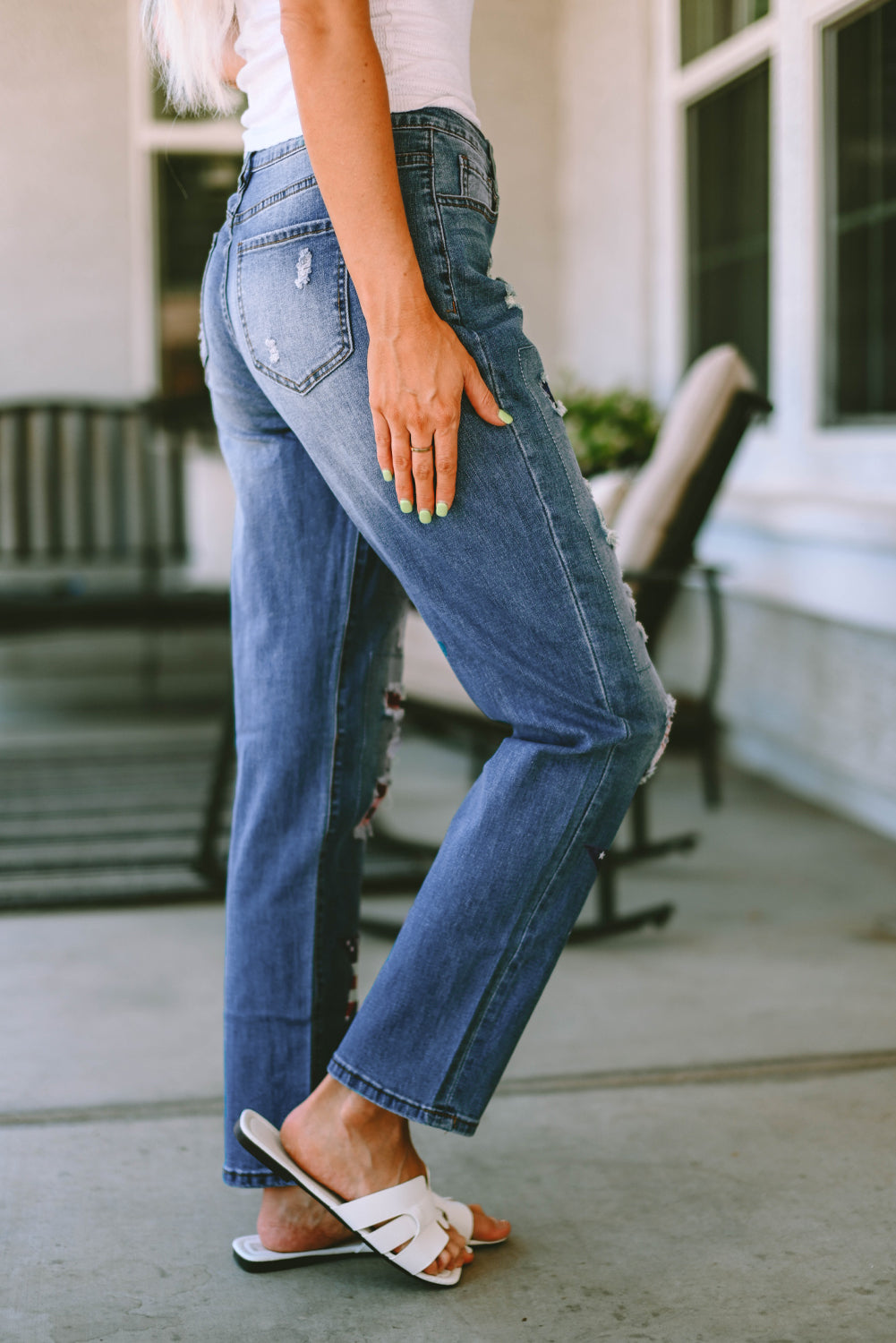 Sky Blue American Flag Patched Distressed Jeans