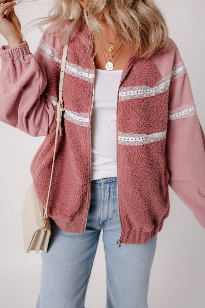 Sherpa Patchwork Lace Elastic Cuff Zip Up Jacket