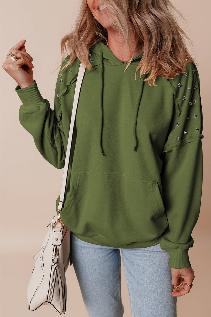 Solid Color Rivet Stud Raglan Sleeve Hoodie with Pocket