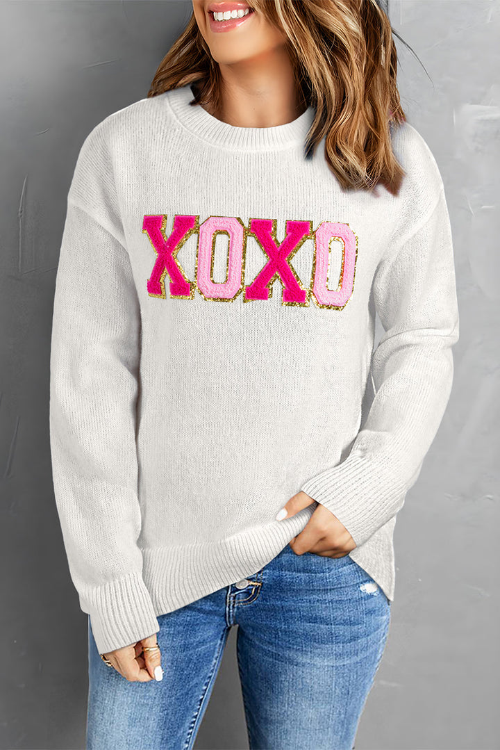 XOXO Glitter Print Round Neck Casual Sweater