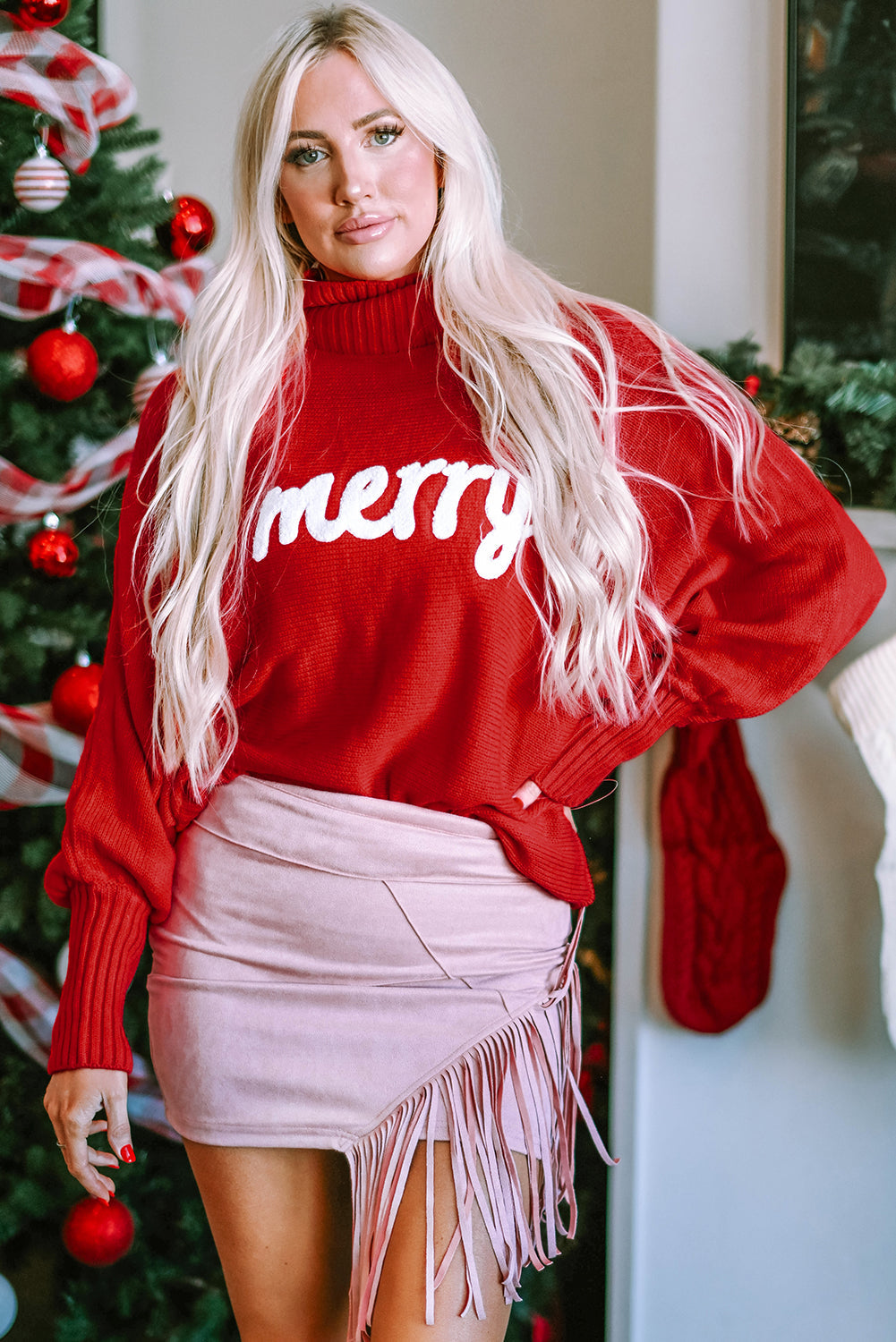 Merry Letter Embroidered High Neck Sweater