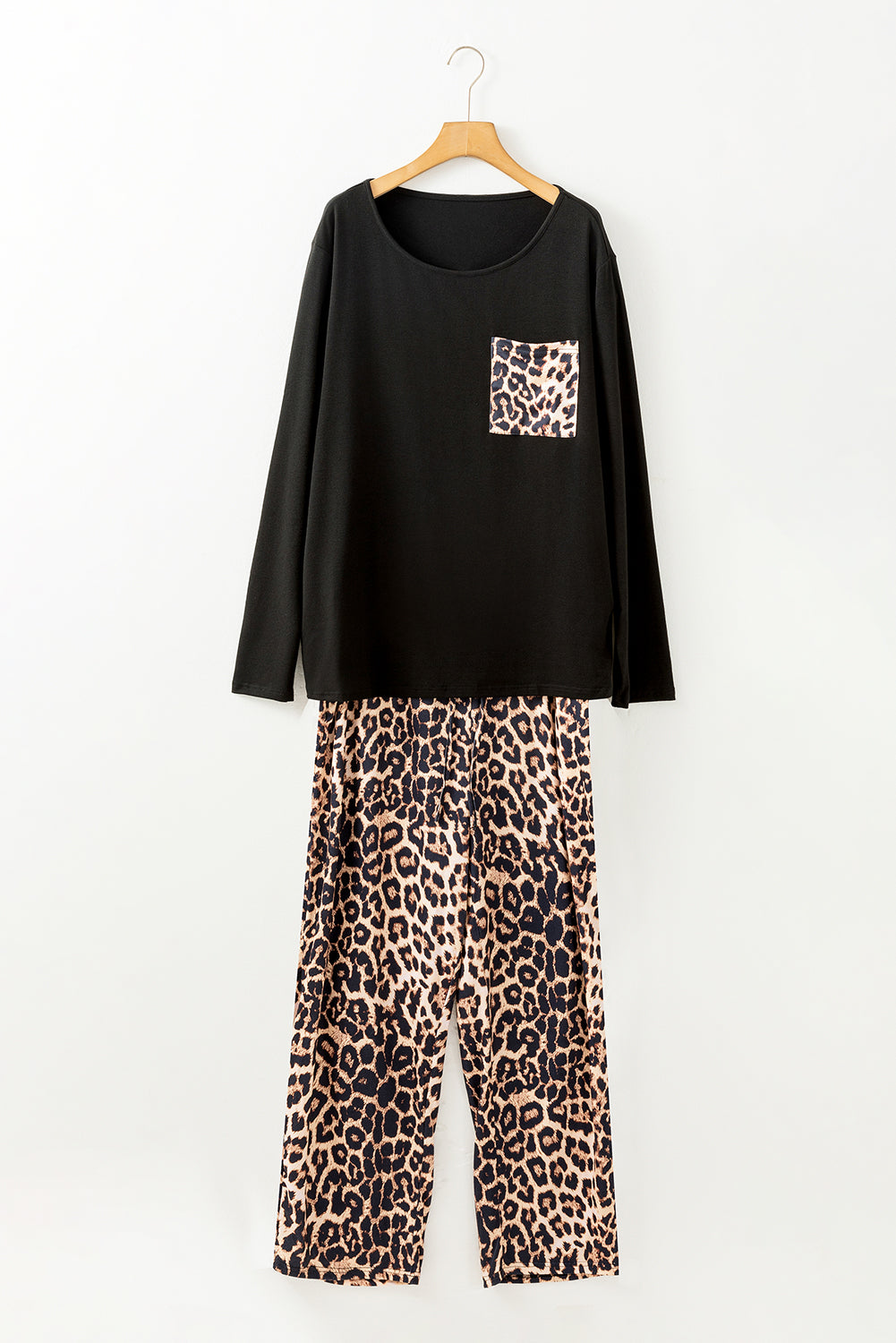 Leopard Patched Pocket Long Sleeve Top Plus Size Pants Set