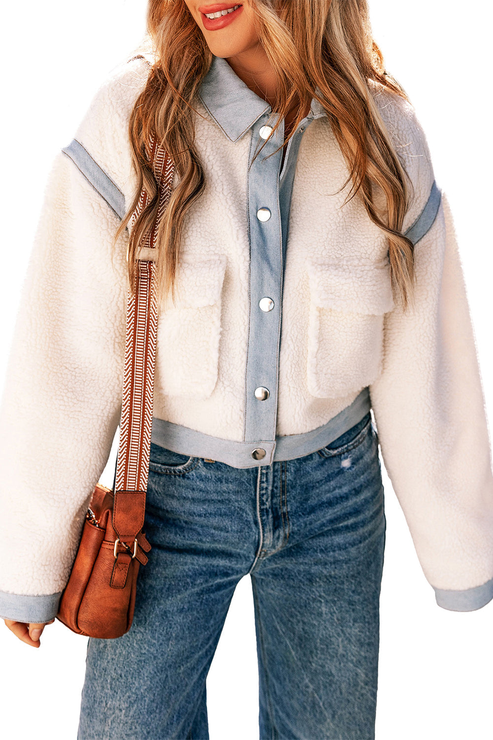 Contrast Trim Buttoned Sherpa Jacket