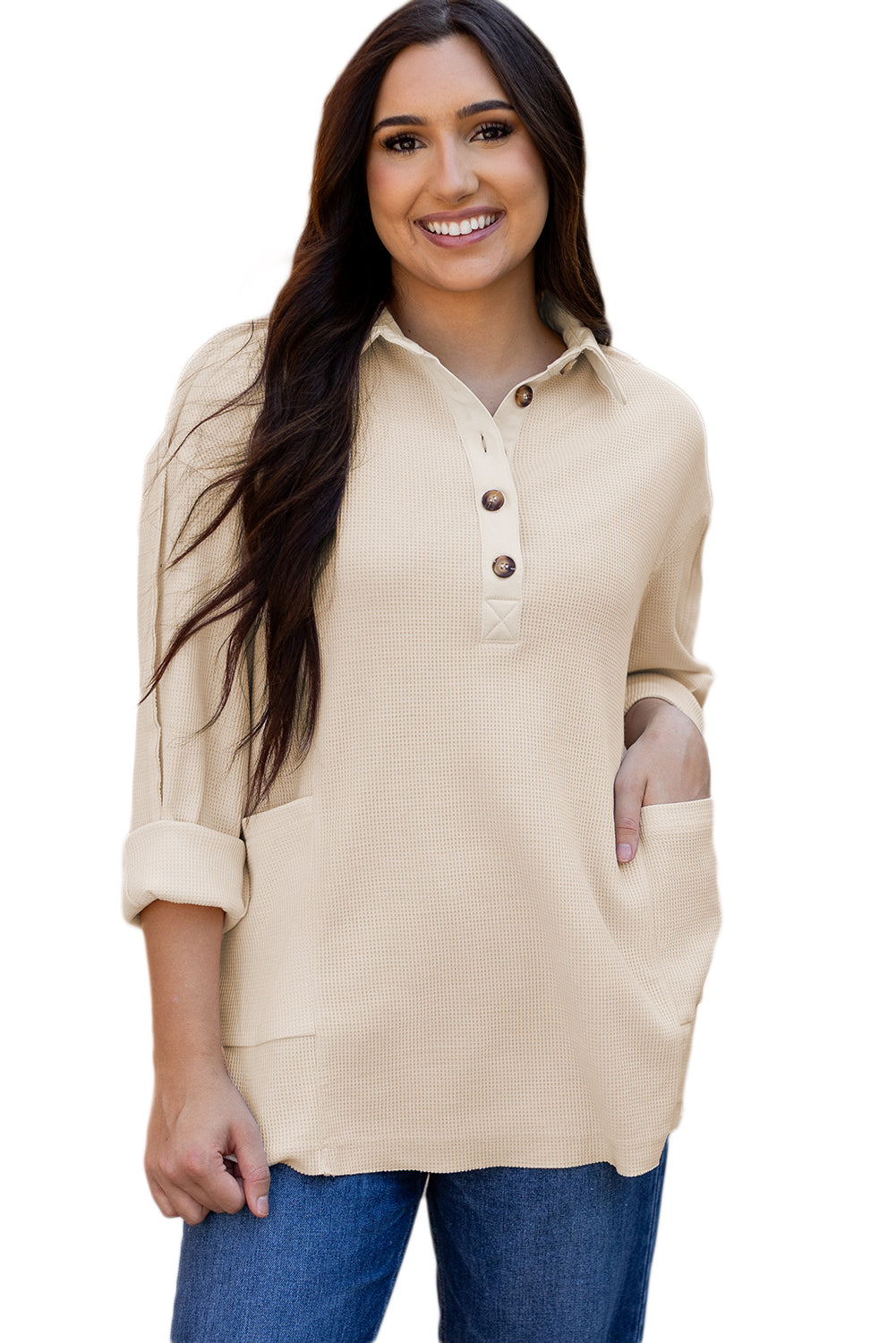 Waffle Long Sleeve Collar Half Button Loose Top