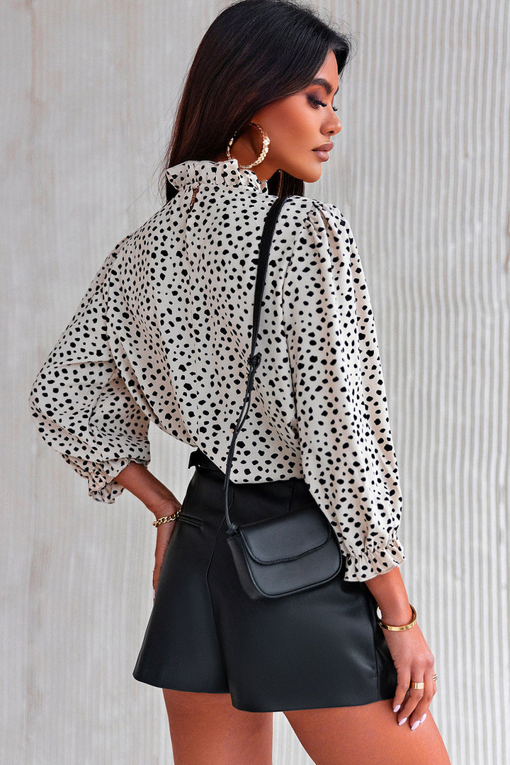 Frilled Neck 3/4 Sleeves Cheetah Blouse