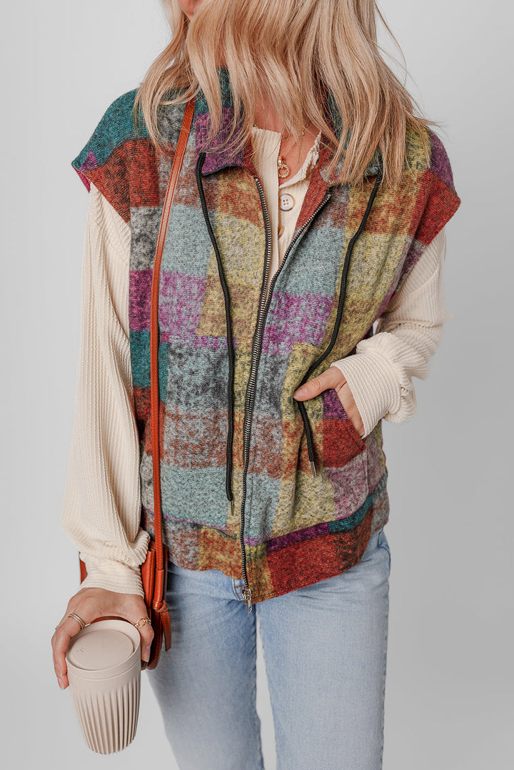 Plaid Print Side Pockets Zipped Loose Vest