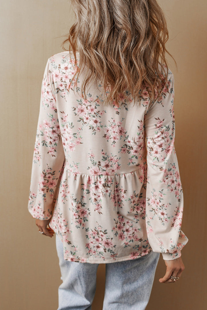 Floral Print Pleated U Neck Loose Fit Blouse