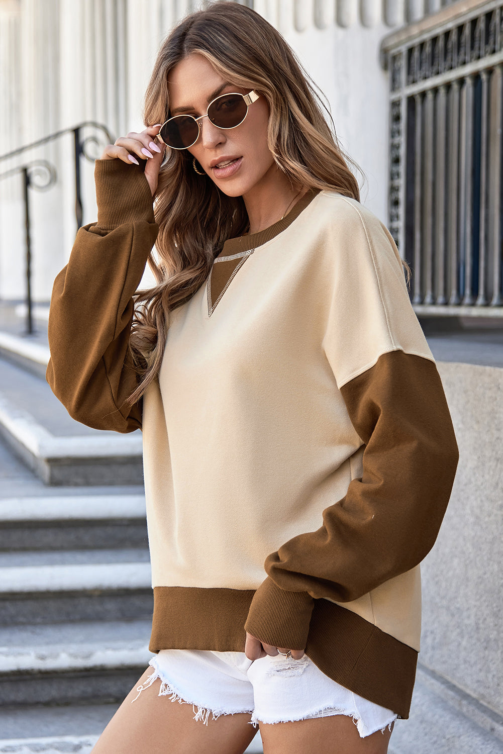 Color Block Thumbhole Sleeve Drop Shoulder Sweatshirt