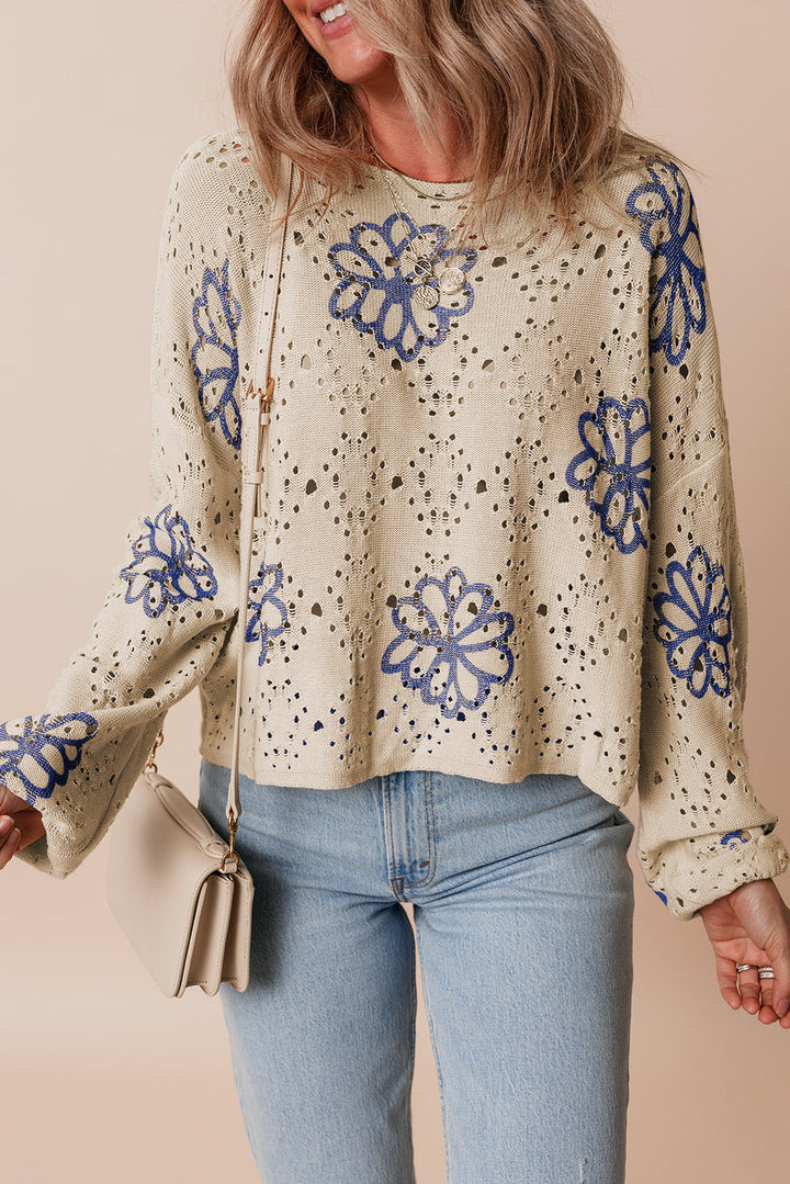 Contrast Flower Print Eyelet Drop Shoulder Sweater