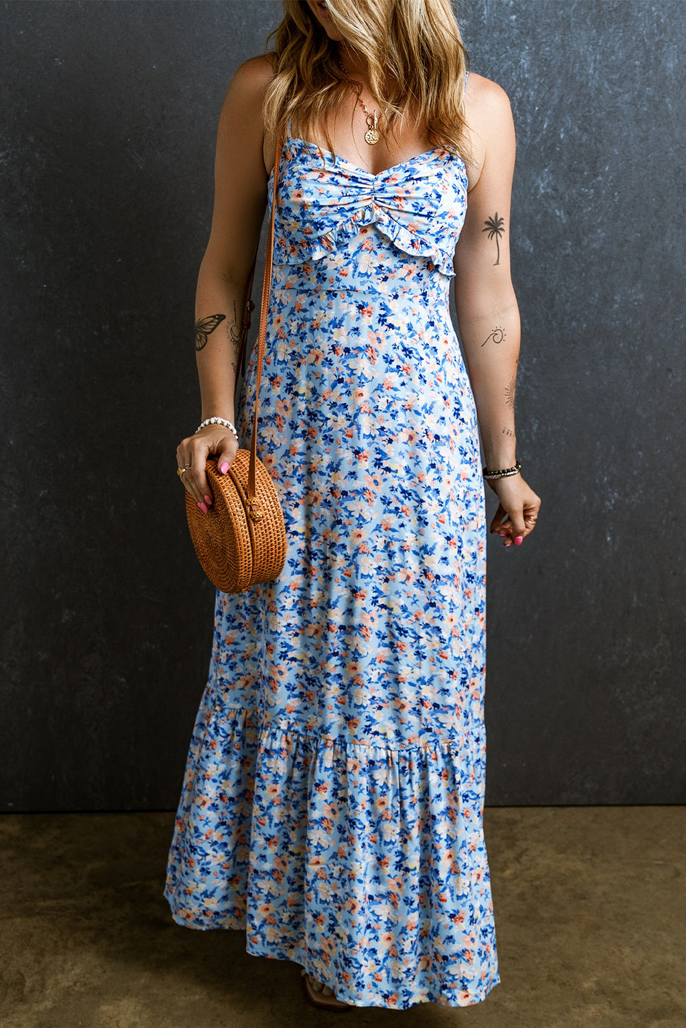 Floral Print Ruffled Ruched Maxi Dress