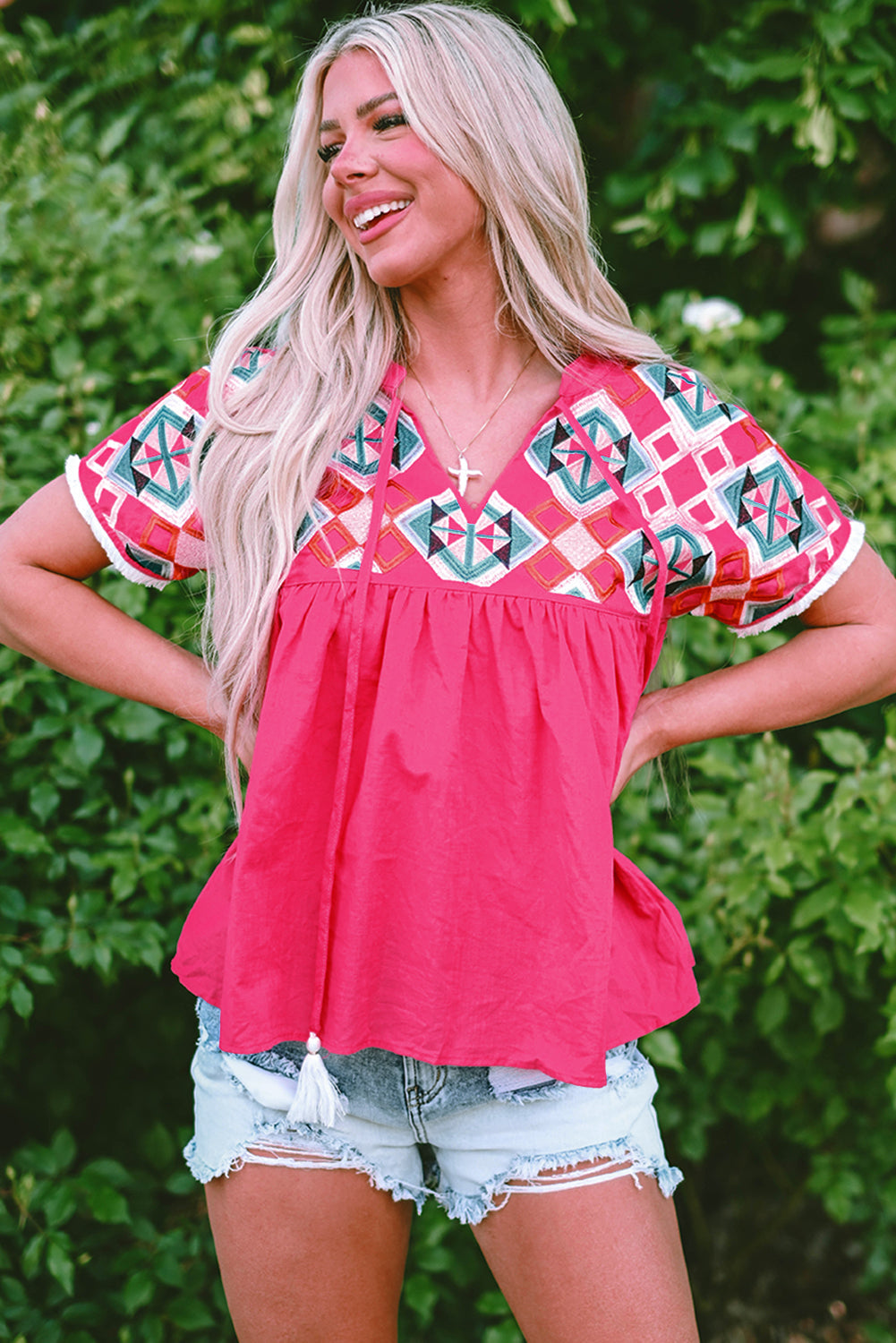 Geometric Embroidered Tassel Tie V Neck Blouse