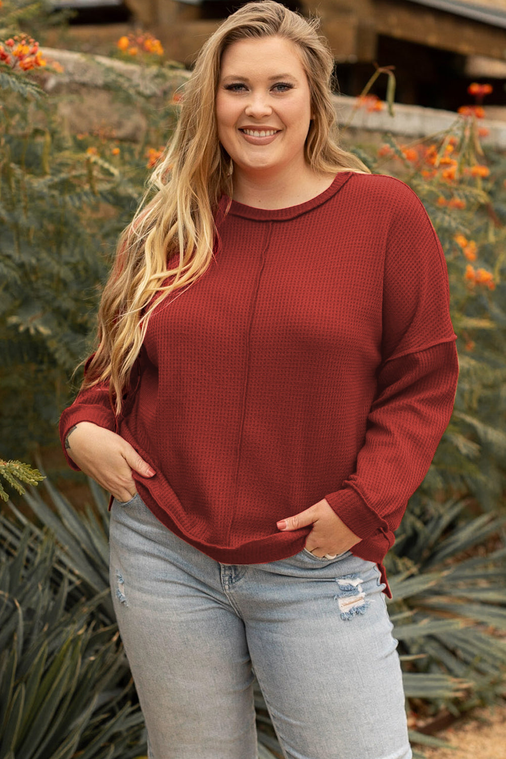 Exposed Seam Detail Waffle Knit Plus Size Top