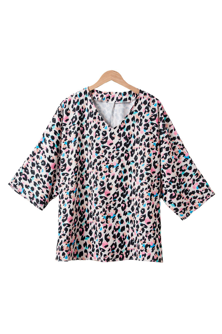 Leopard Print V Neck Batwing Sleeve Plus Size Top