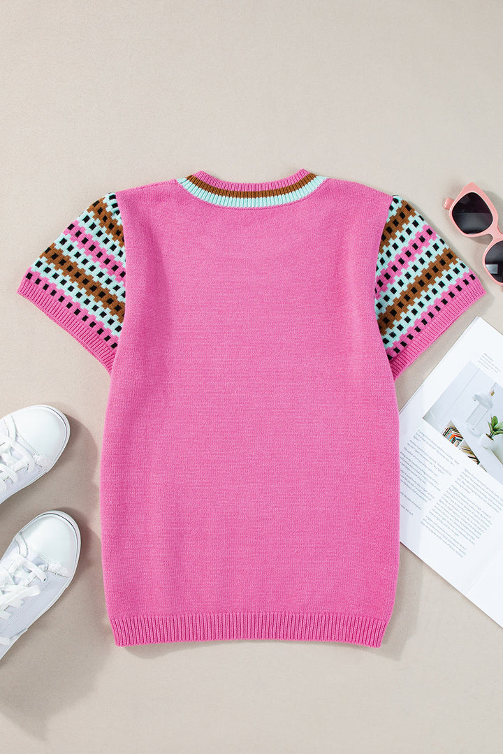 Contrast Printed Cap Sleeves Crewneck Sweater