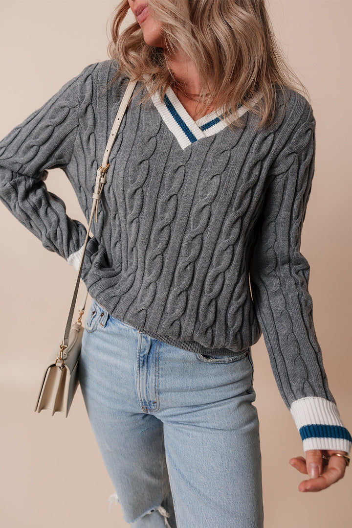 Color Contrast Ribbed Edge Cable Knit V Neck Sweater