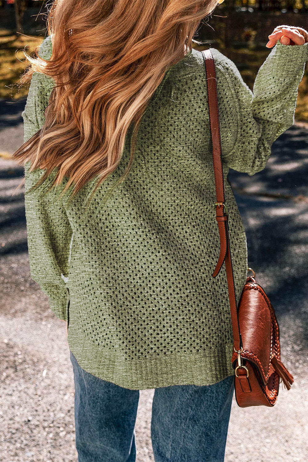 Loose Eyelet V Neck Drop Shoulder Sweater