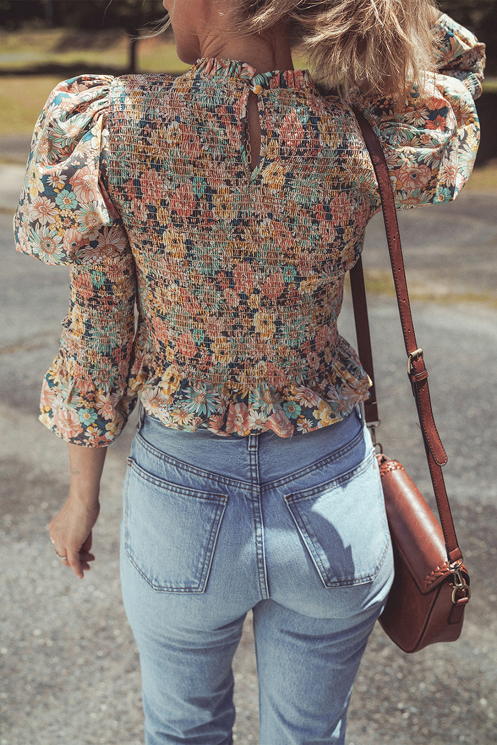 Floral Print Smocked Bubble Sleeve Ruffled Crop Top