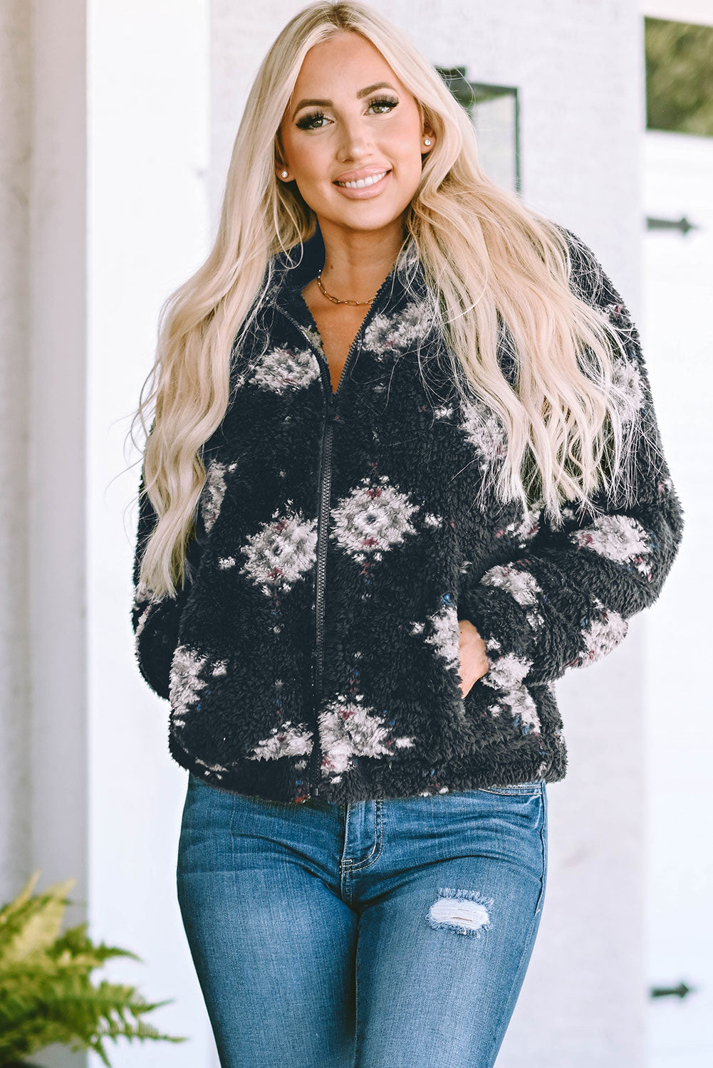 Aztec Pattern Zipper Collared Sherpa Jacket