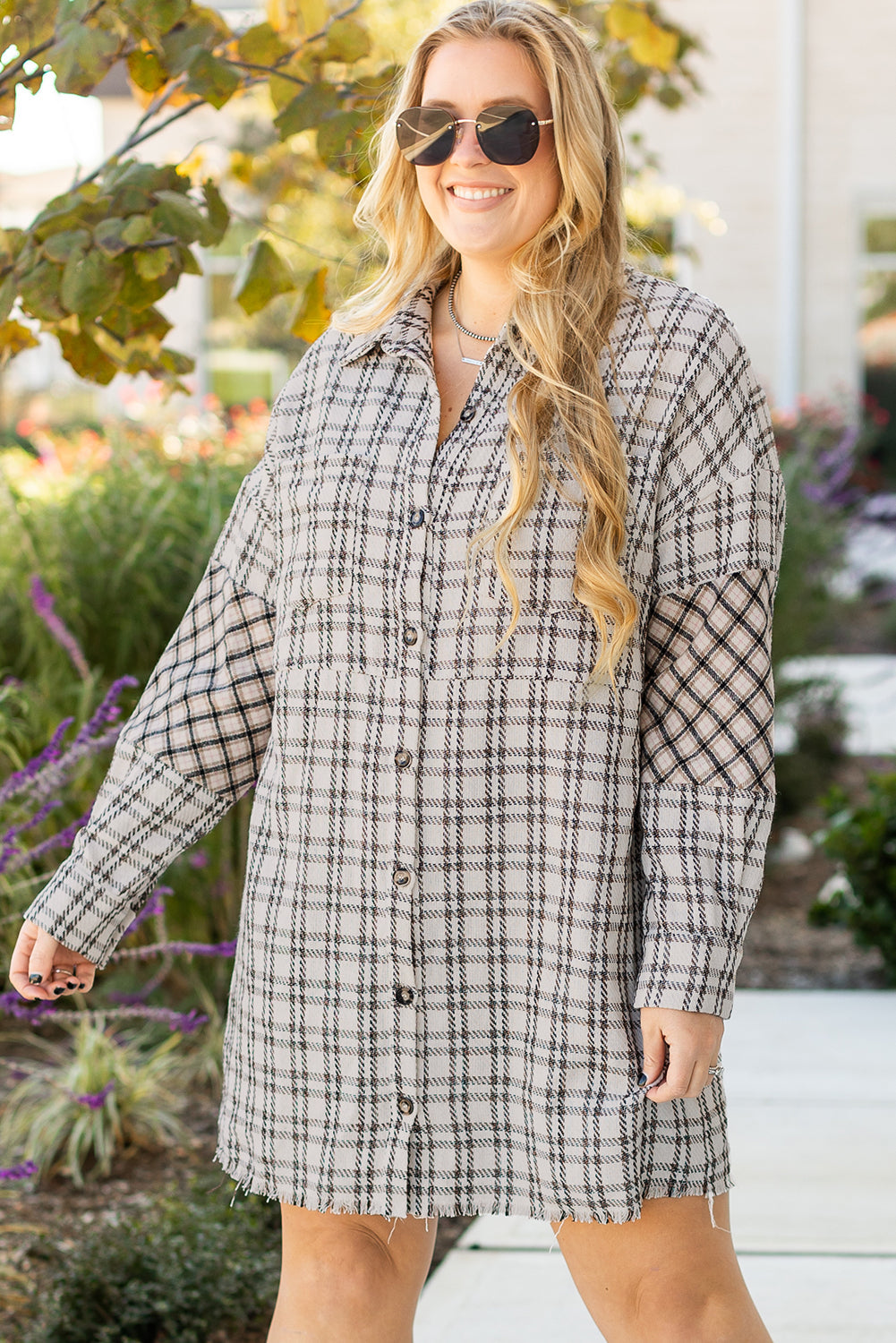 Plus Size Plaid Buttoned Raw Hem Tunic Shirt Dress