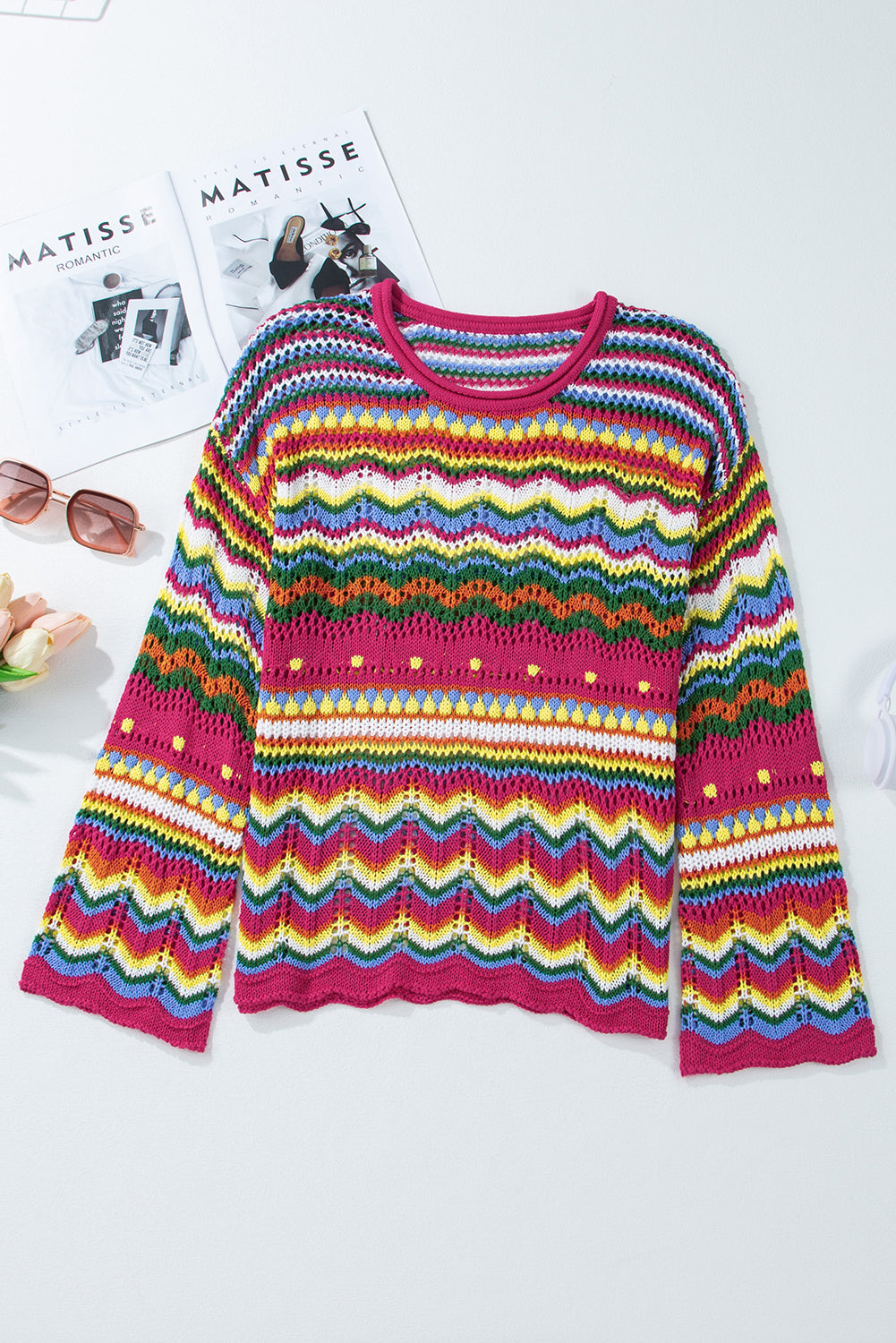 Colorblock Striped Hollowed Knit Loose Sleeve Sweater