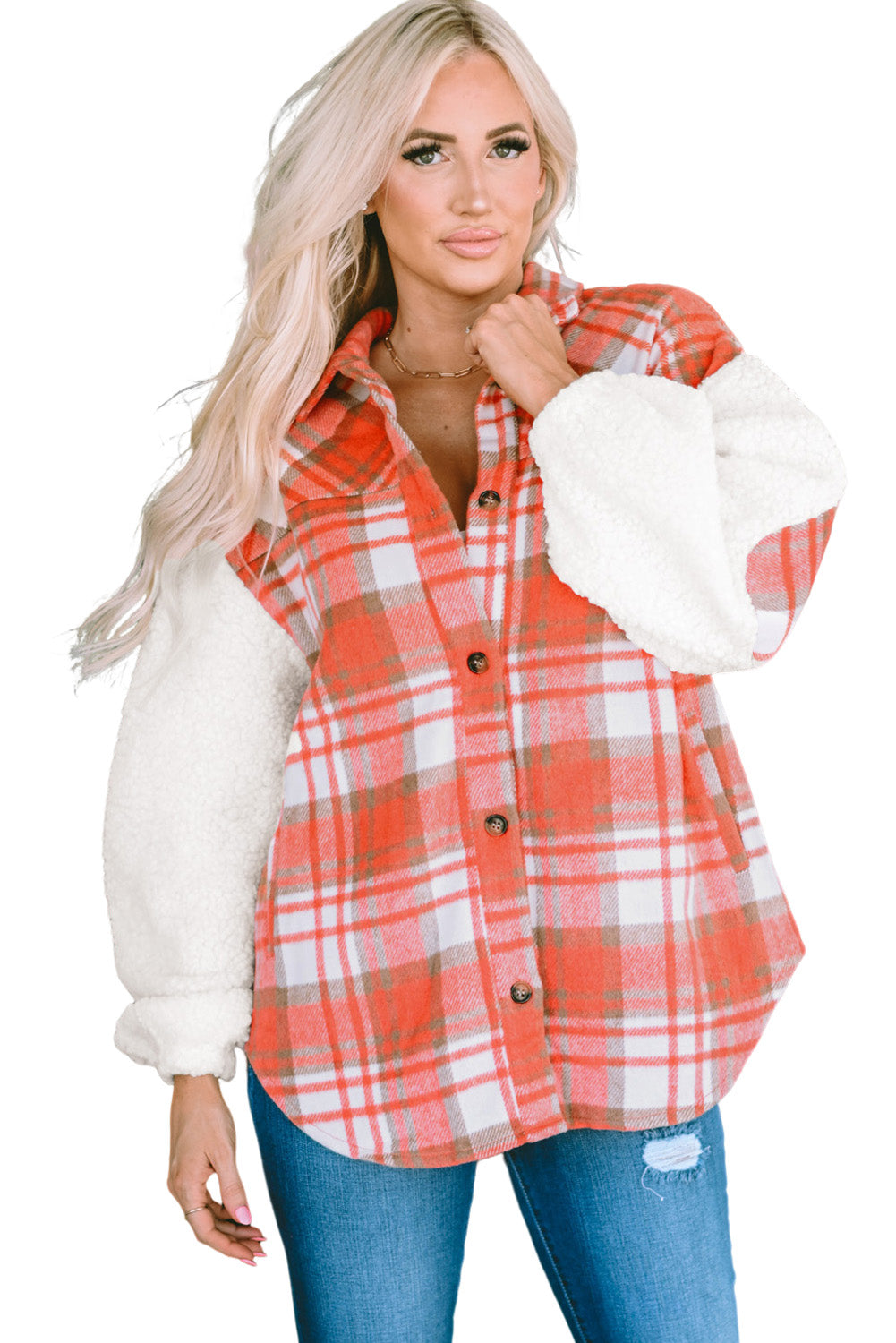 Red Sherpa Sleeve Plaid Print Shacket