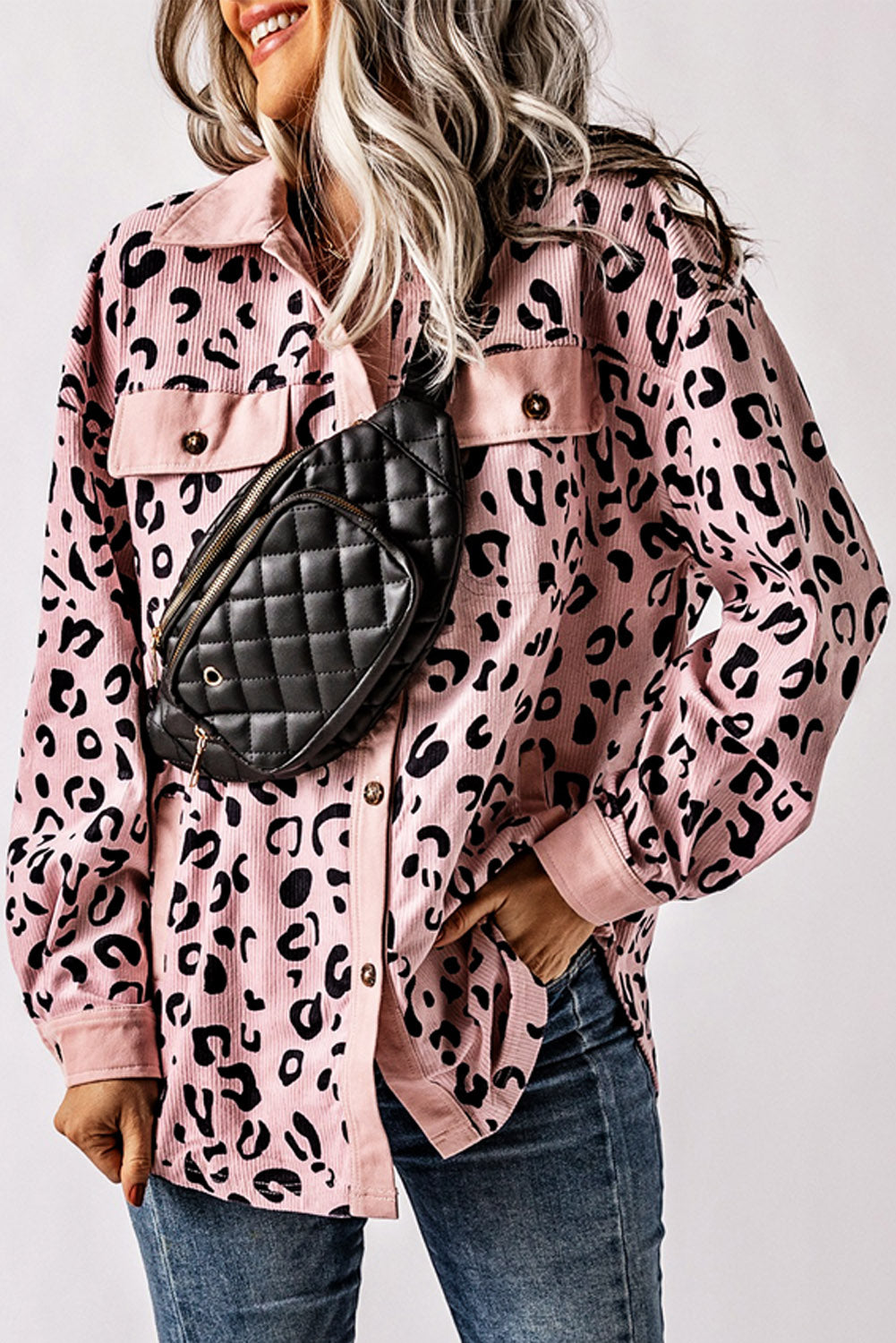 Pink Collared Neckline Flap Pockets Leopard Corduroy Jacket