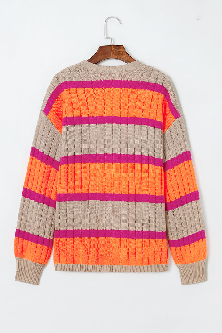 Orange Striped Colorblock Drop Shoulder Slouchy Cardigan