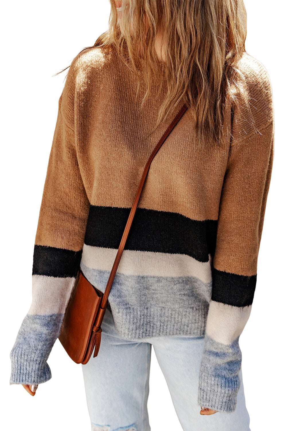 Brown Color Block Striped Ribbed Knit Sweater