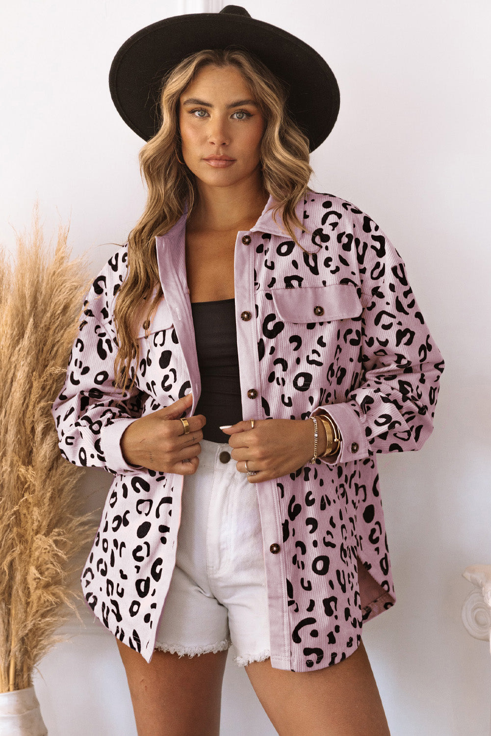 Pink Collared Neckline Flap Pockets Leopard Corduroy Jacket