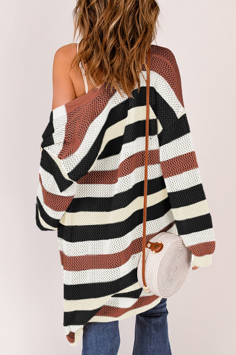 Black Striped Color Block Hollowed Knit Cardigan