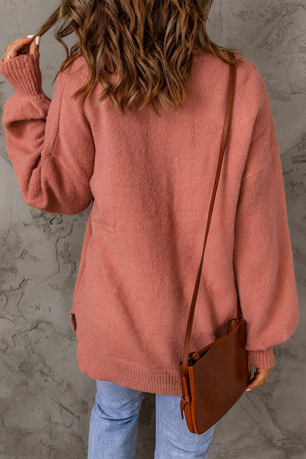 Solid Color Puffy Sleeve Pocketed Sweater