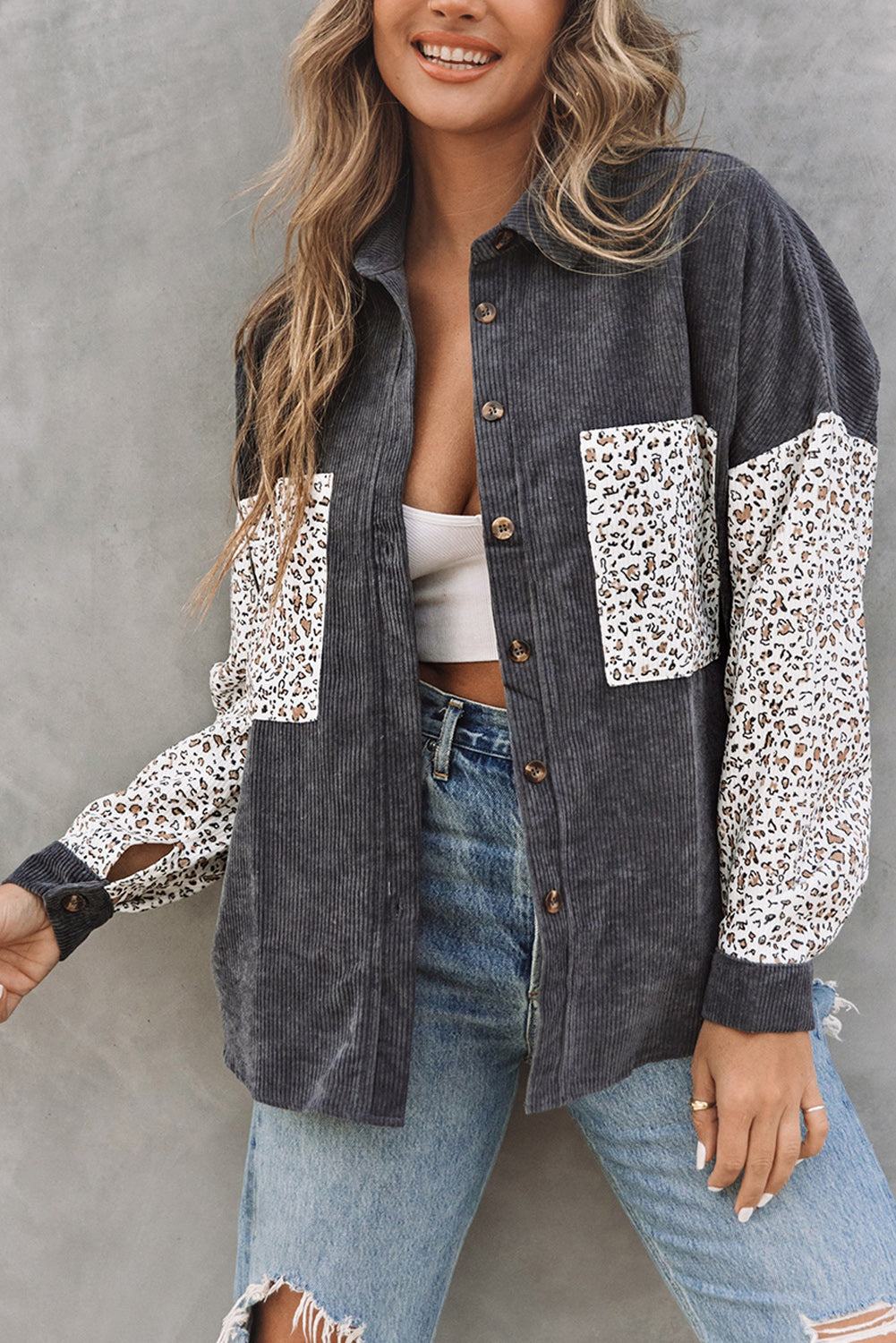 Gray Leopard Patchwork Corduroy Buttoned Shirt Jacket