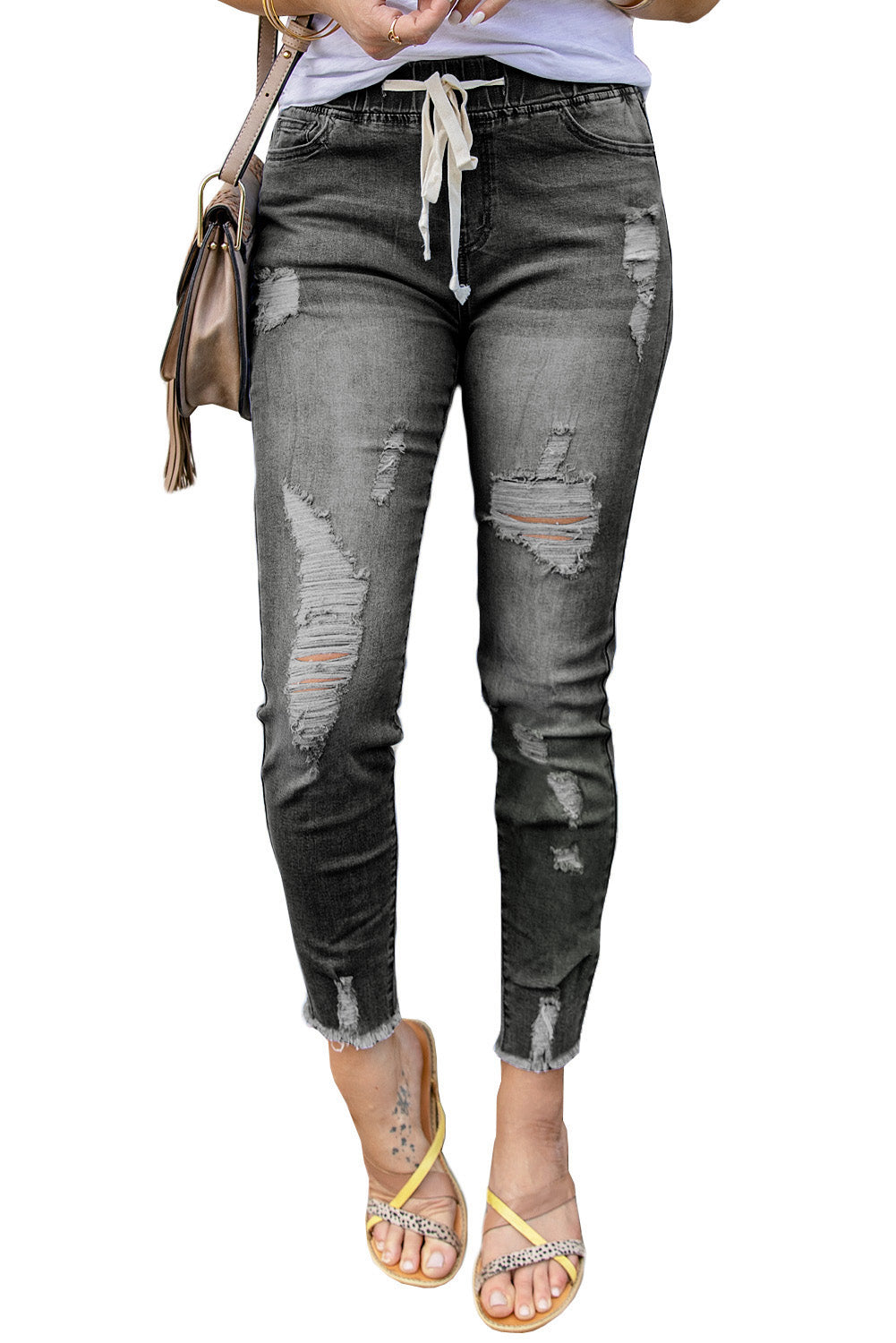 Gray Drawstring Elastic Waist Hole Ripped Jeans