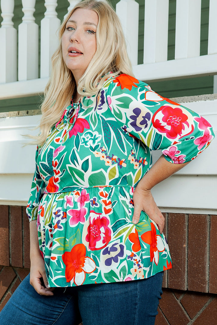 Multicolor Floral Tie Split Neck Plus Size Peplum Blouse