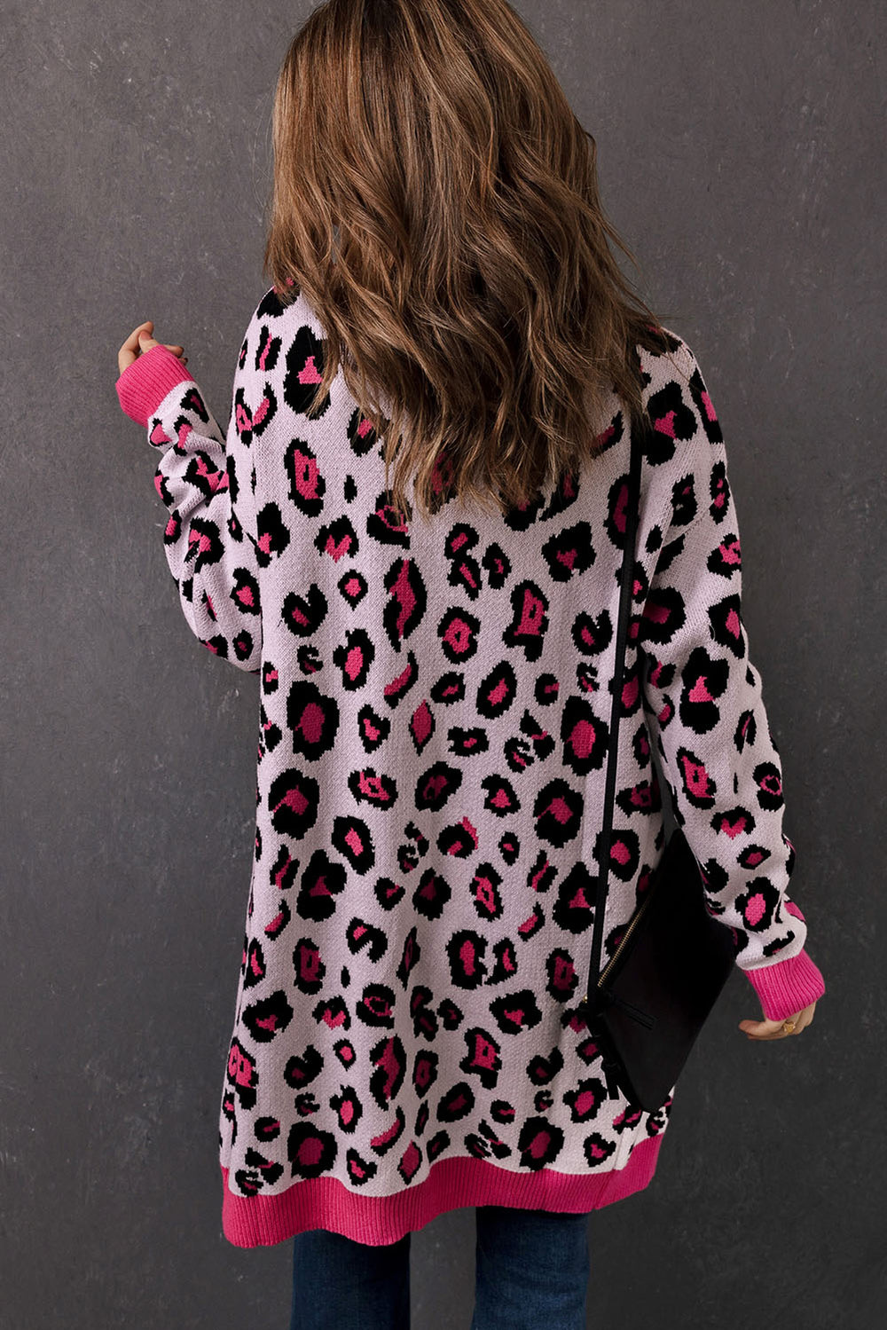 Rose Leopard Ribbed Trim Knitted Open Front Long Cardigan