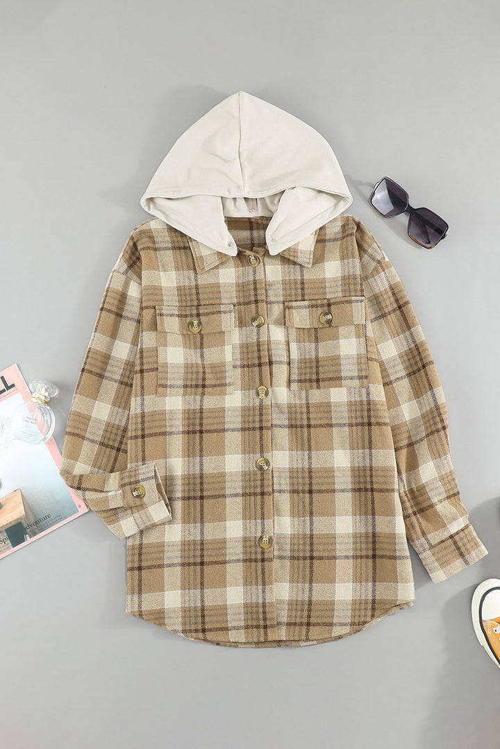 Khaki Plaid Shirt Hooded Jacket