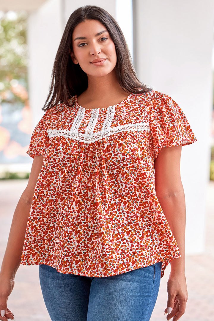 Red Floral Printed Lace Trim Plus Ruffle Sleeve Blouse