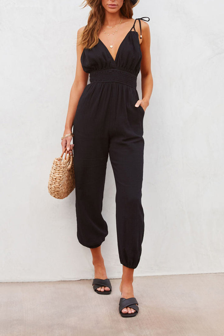 Black V Neck Knotted Shoulder Backless Pocket Jumpsuit