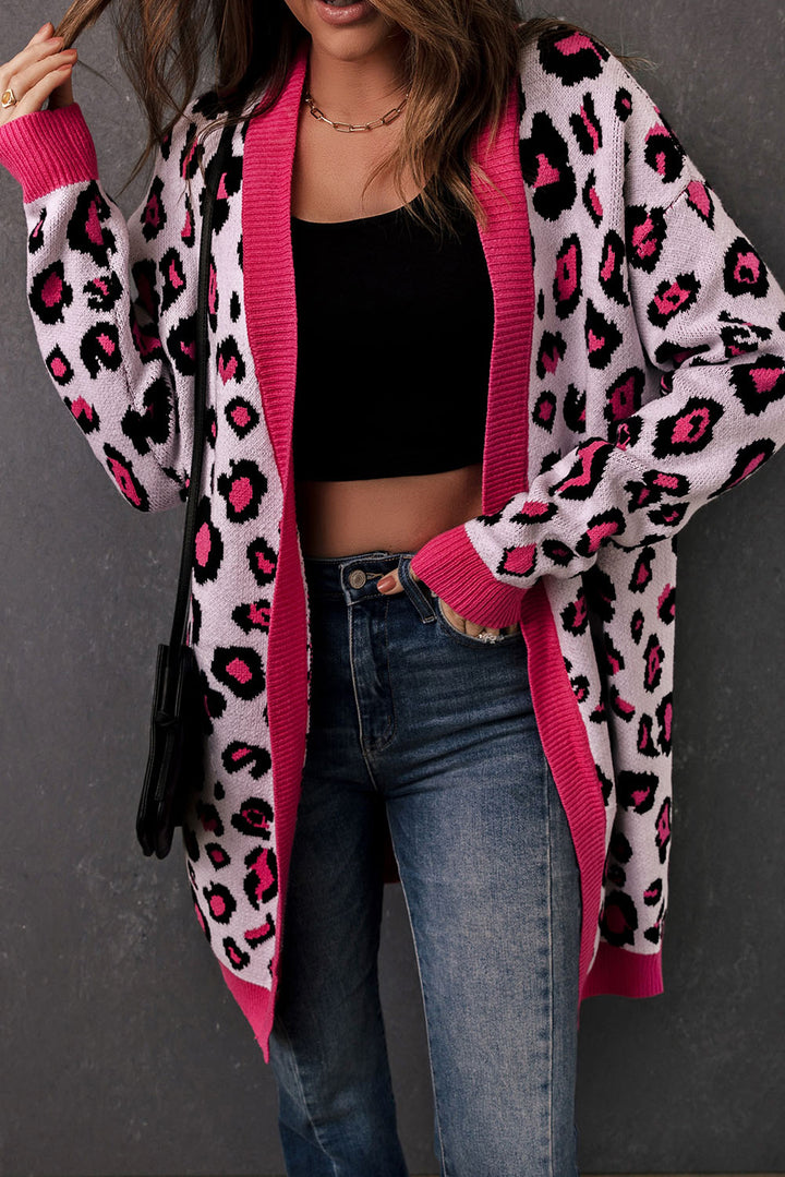 Rose Leopard Ribbed Trim Knitted Open Front Long Cardigan