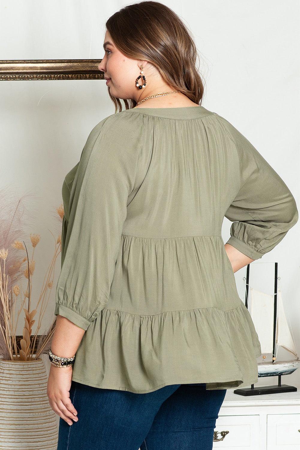 Green Plus Size Ruffle Tiered Split Neck Shirt