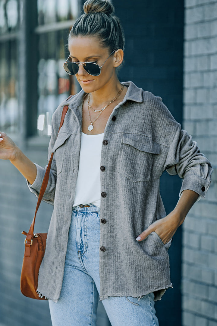 Gray Textured Button Down Shirt Jacket with Pockets