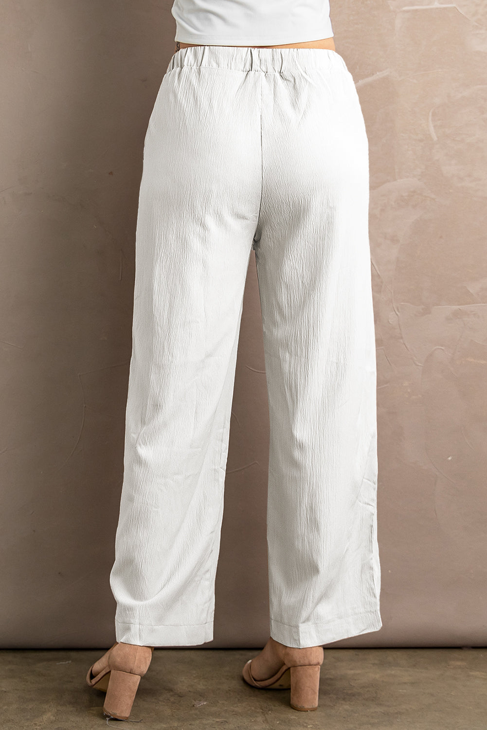 White Drawstring Waist Crinkled Wide Leg Pants