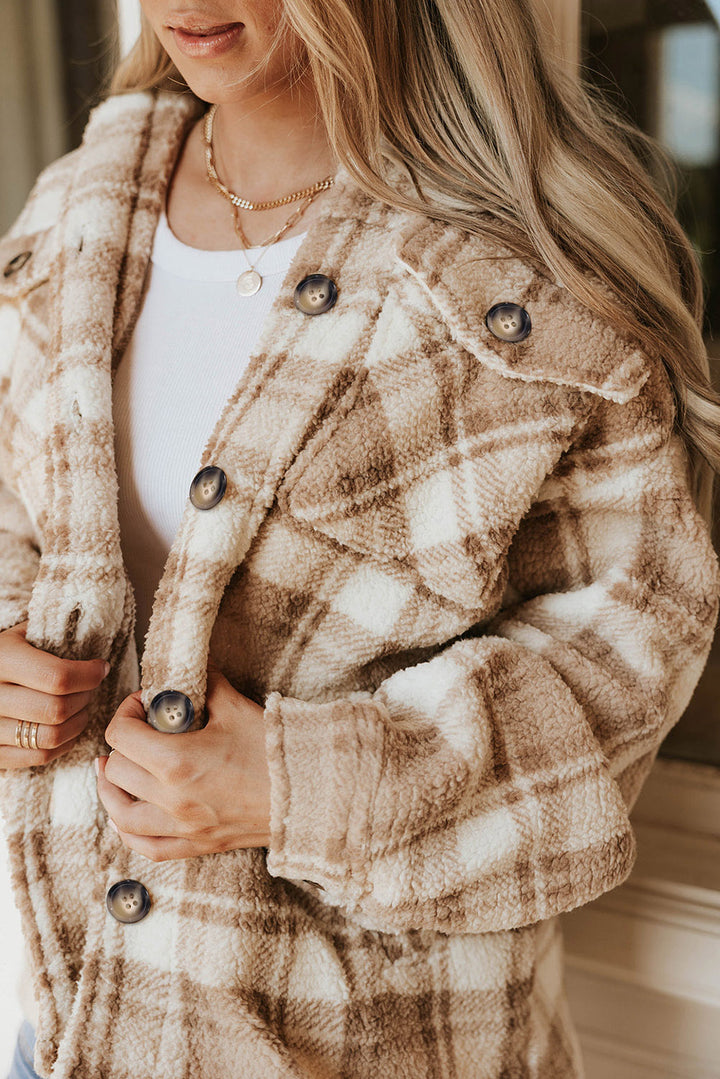 Khaki Sherpa Plaid Button Pocketed Jacket