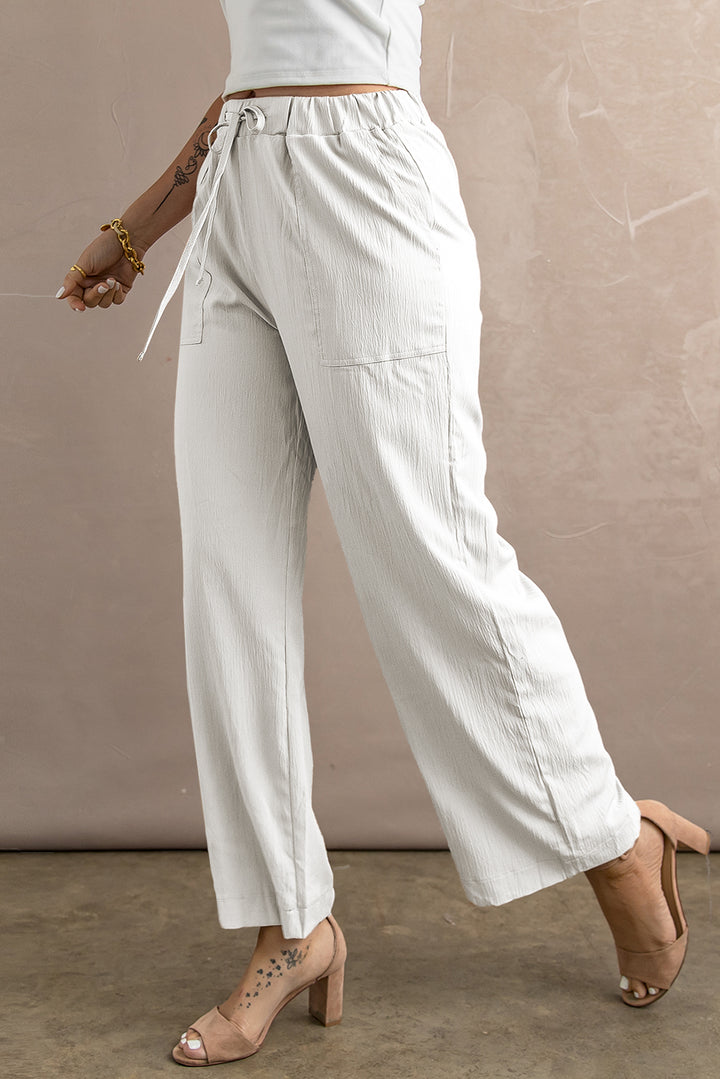 White Drawstring Waist Crinkled Wide Leg Pants