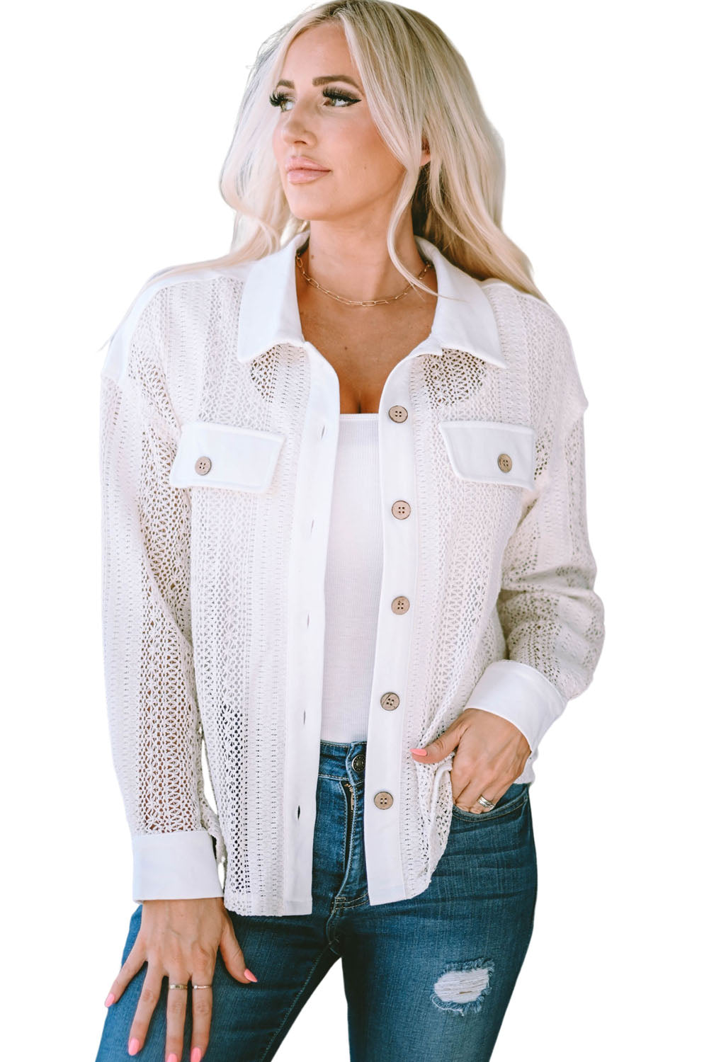 Beige Lace See-through Button Collared Shacket